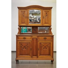Antique, oak buffet with walnut inlays and bronze elements