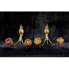 Antique pair of sconces of bronze with glass domes in the form of flowers